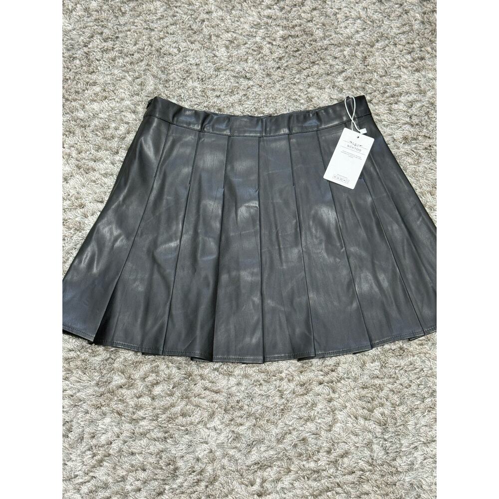 Women Faux Leather Skirt Black Mini Pleated High Waist Slim A-line Skirt M NWT - Picture 6 of 12